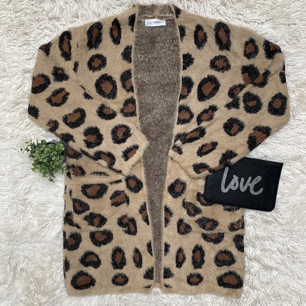 Wanna B Leopard Eyelash Open Cardigan 💗 Tan Brown & Black - Picture 2 of 13